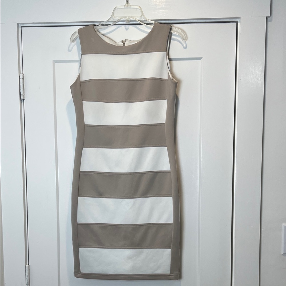 Calvin Klein Sleeveless Taupe and White Striped Sheath Dress size 6.